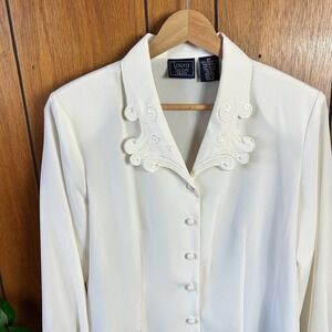 Vintage Laura Scott Blouse Ivory Button Up Long Sleeve Embroidered Cottagecore